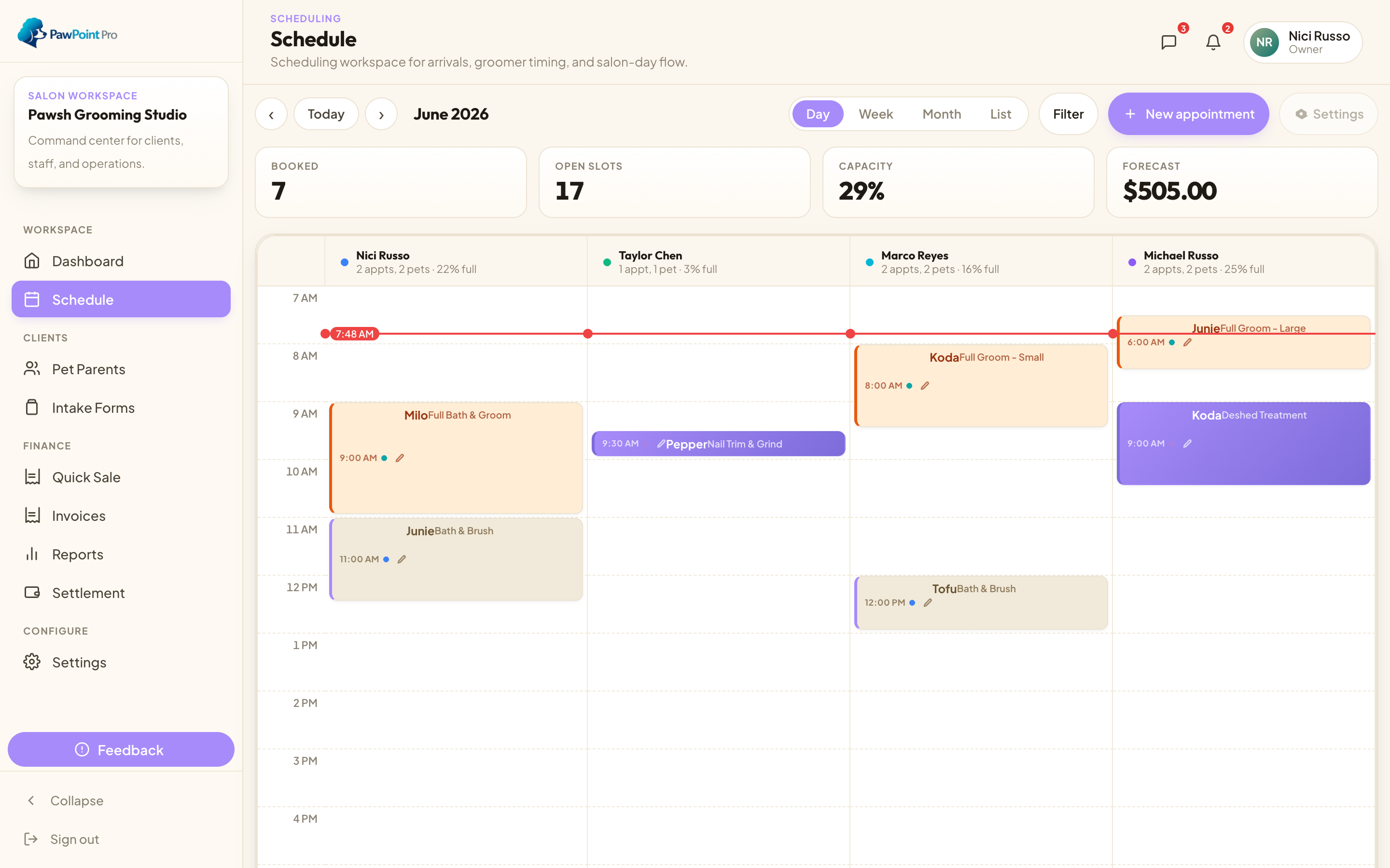 PawPointPro schedule — day-view calendar with groomer columns